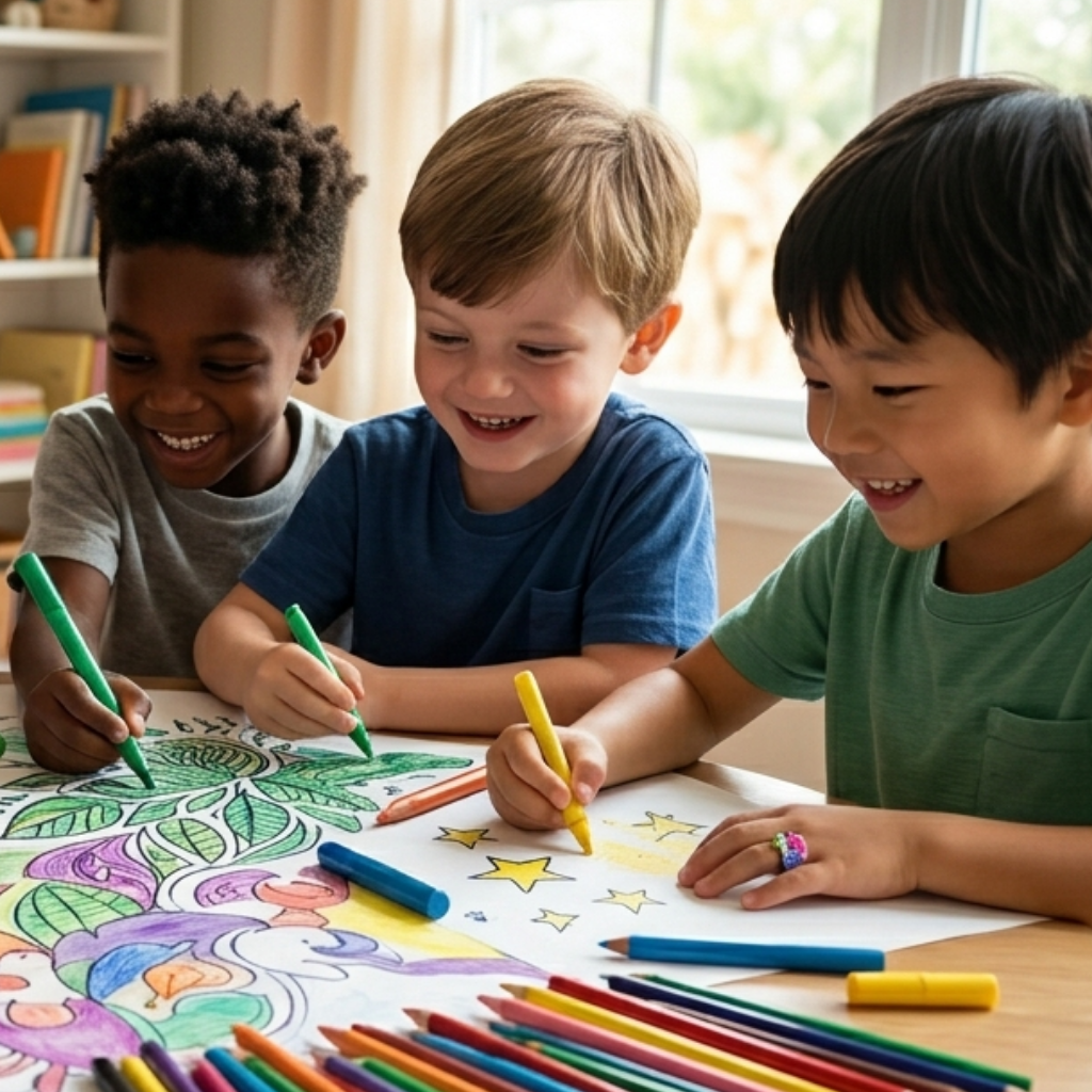 Children happily coloring Pola Blue activity pages together