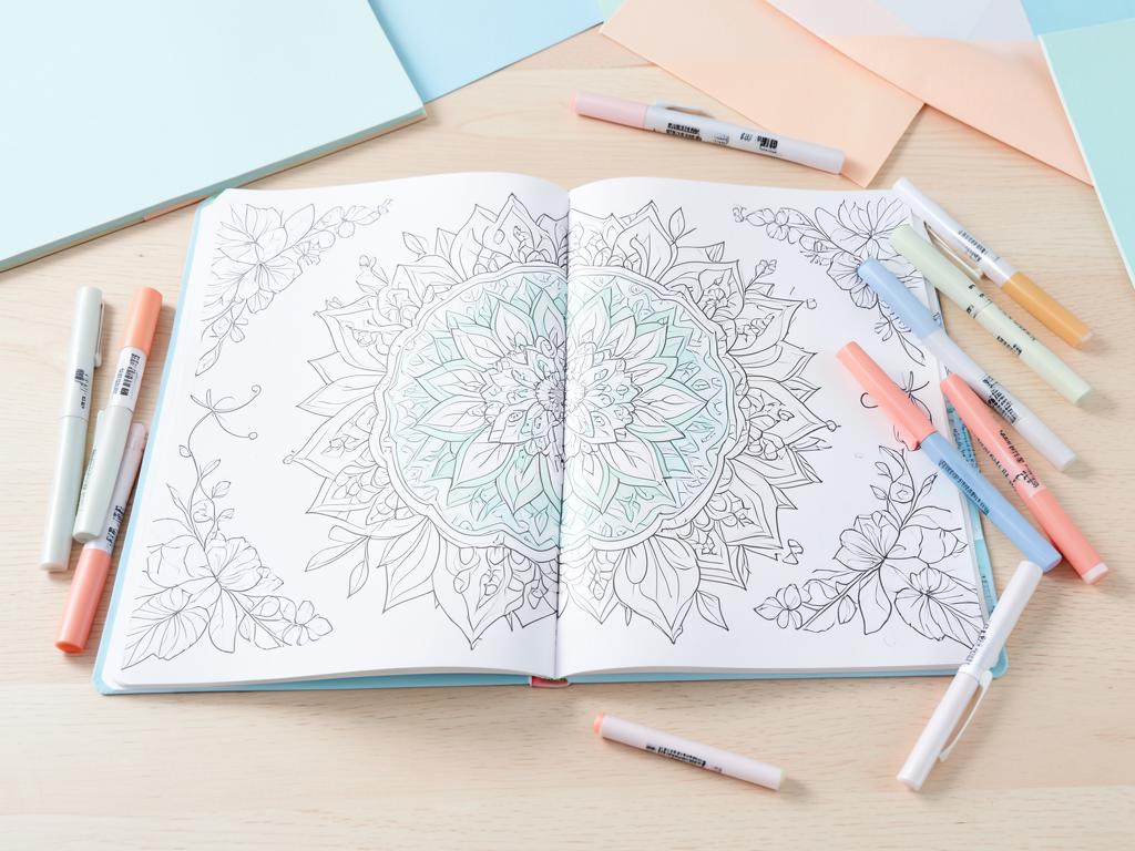 Open coloring book with mandala page and pastel markers